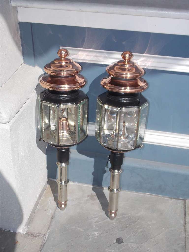 Belgian Pair of Nickel Silver and Copper Coach Lanterns.  Signed J. Lemone Bruxelles, Belgium  Circa 1830