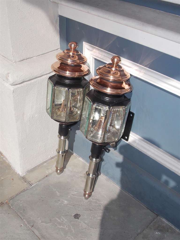 Pair of Nickel Silver and Copper Coach Lanterns.  Signed J. Lemone Bruxelles, Belgium  Circa 1830 In Excellent Condition In Hollywood, SC