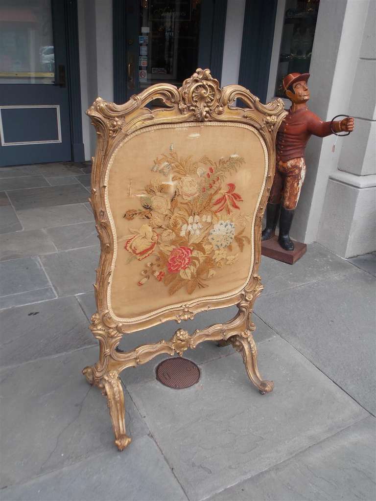 French Gilt Floral Aubusson Fire Screen. Circa 1780 In Excellent Condition For Sale In Hollywood, SC