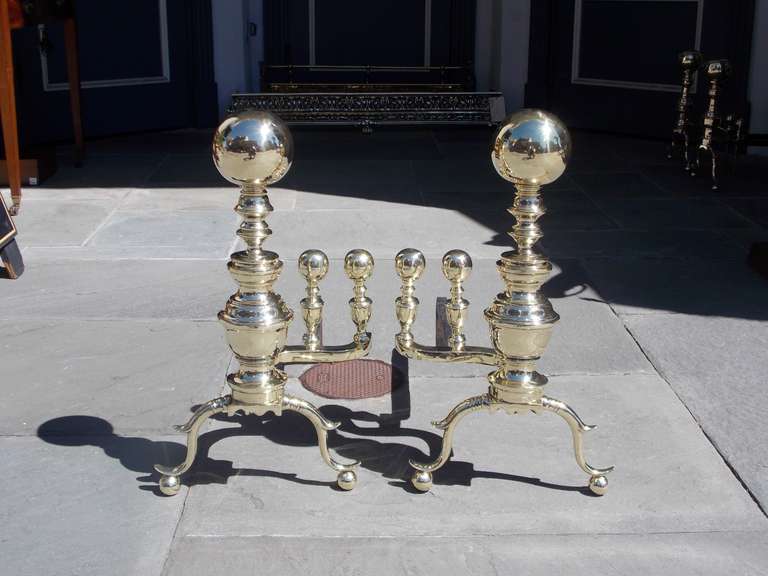 Pair of American Brass Ball Top Andirons.  Boston, Circa 1850