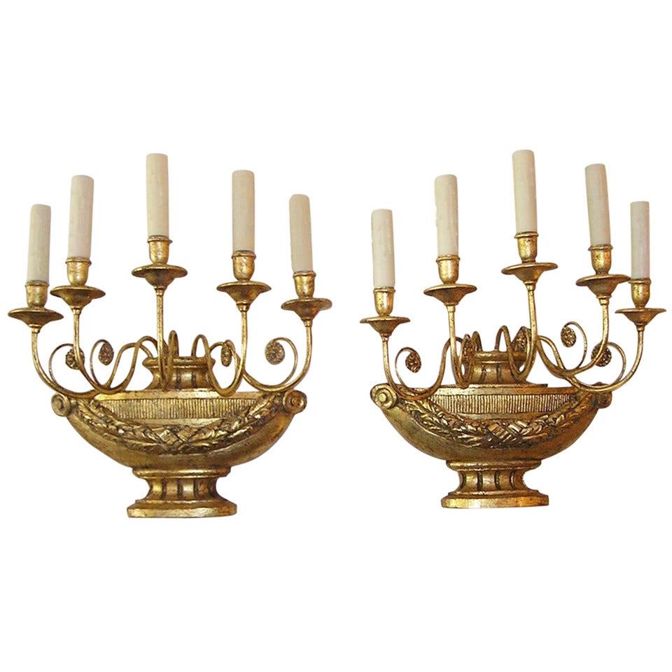 Pair of Italian Floral Gilt Urn Sconces, Circa 1830 For Sale