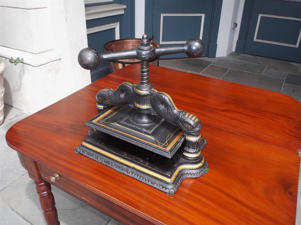 English Regency Cast Iron and Gilt Dolphin Book Press, Circa 1850 In Excellent Condition In Hollywood, SC