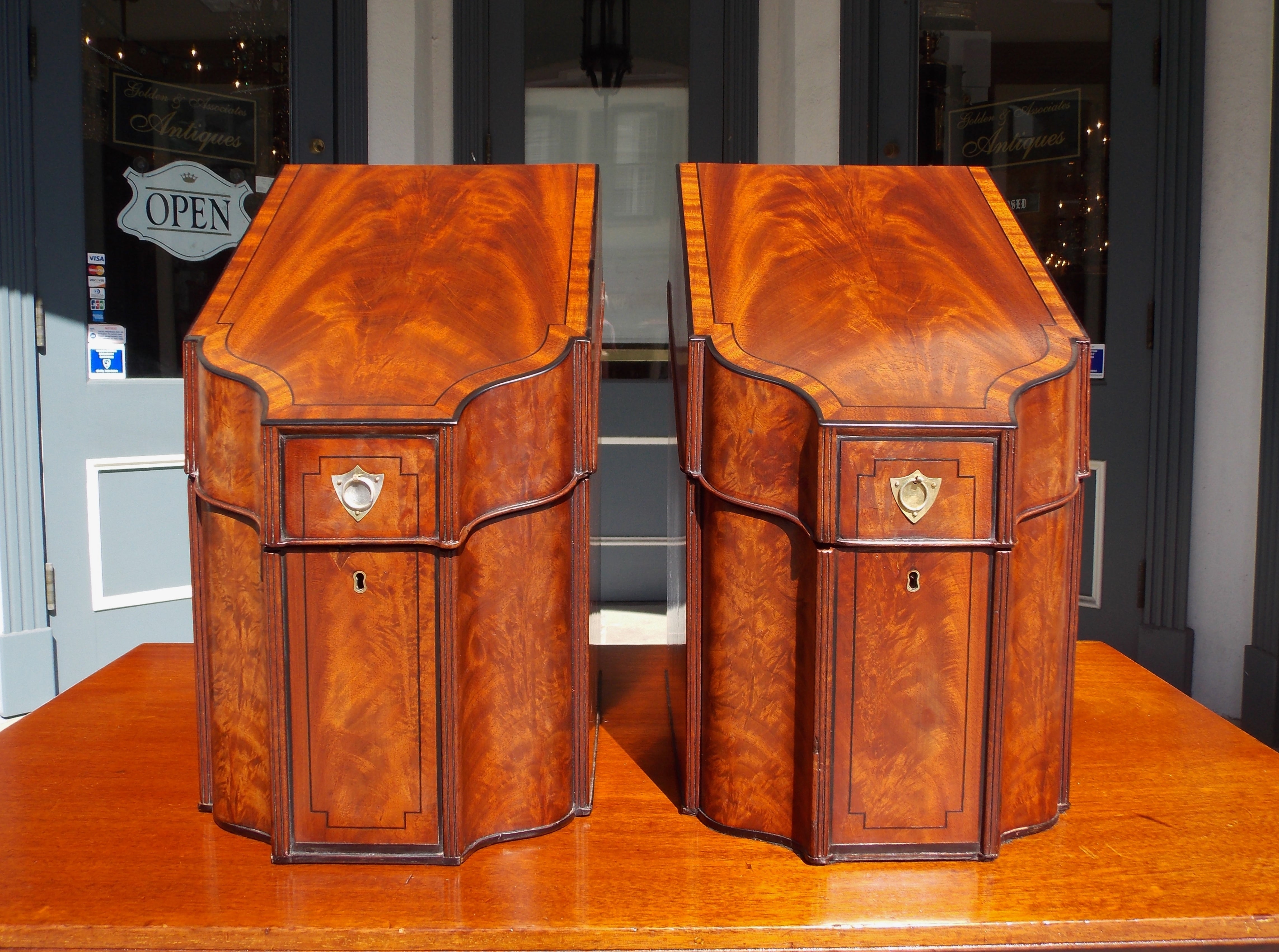 Pair of English Mahogany Slant Top Cutlery Boxes. Circa 1790