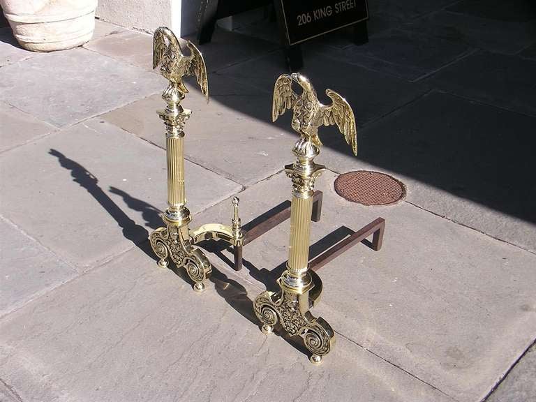 Pair of American Brass Eagle Andirons In Excellent Condition In Hollywood, SC