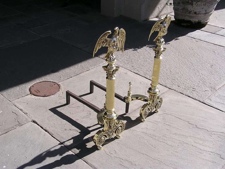19th Century Pair of American Brass Eagle Andirons