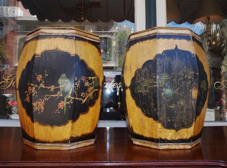 Pair of Japanese paneled pine and painted Oriental tea bins with parrots , fish, and floral motif. Each bin has a removable lid.  12