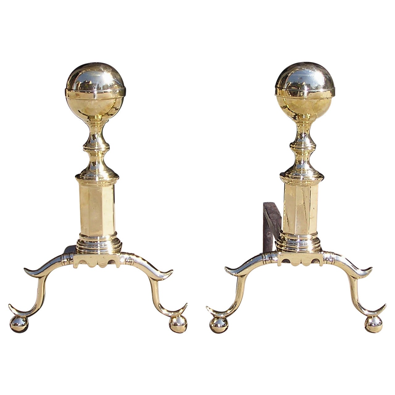 Pair of American Brass Ball Top Andirons. Boston, Circa 1800 For Sale