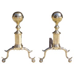 Antique Pair of American Brass Ball Top Andirons. Boston, Circa 1800