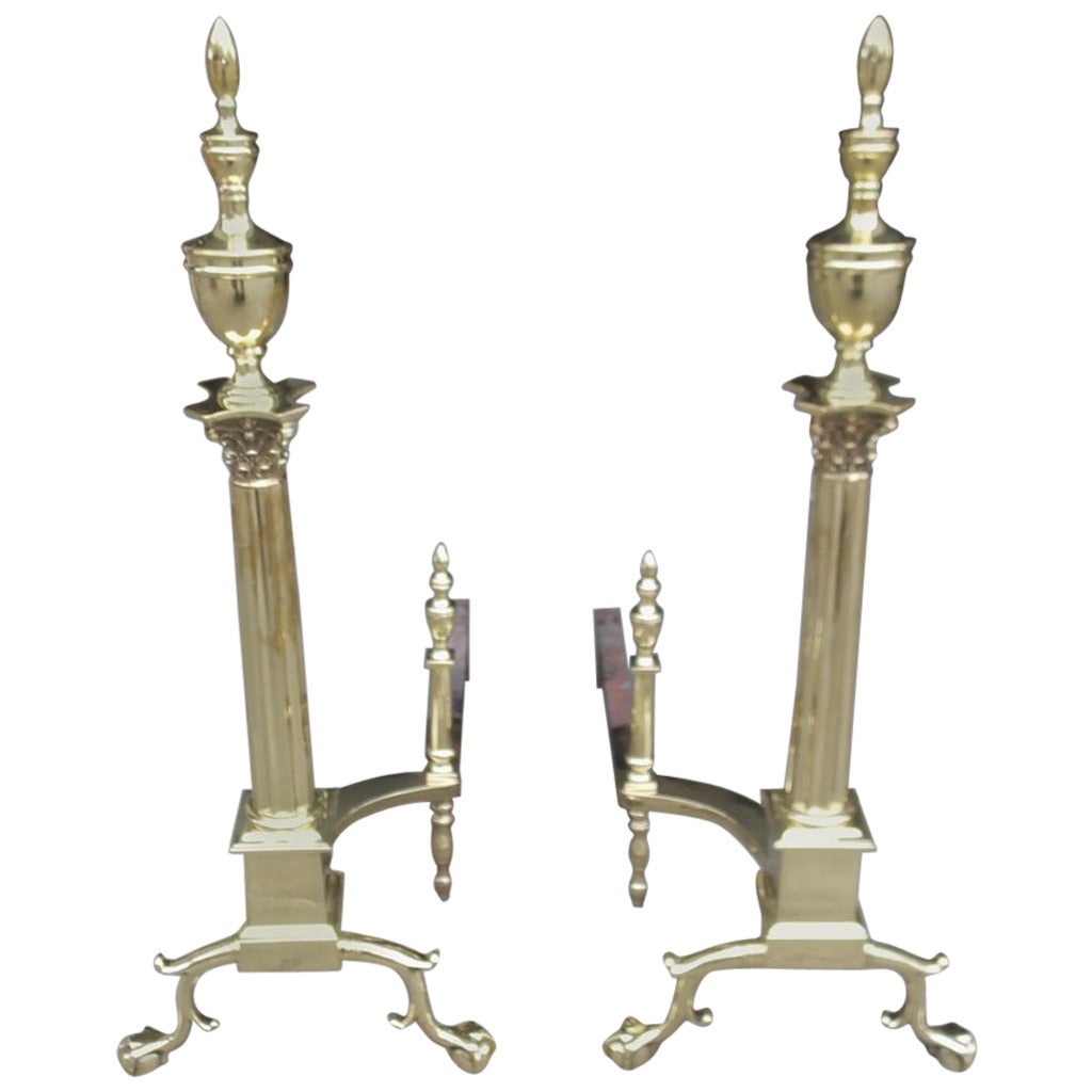 Pair of American Brass Finial Andirons. Philadelphia, Circa 1870 For Sale