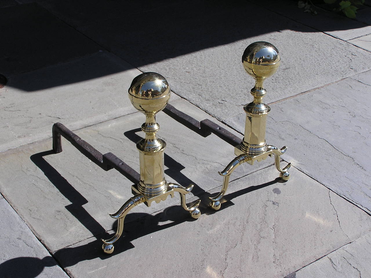 American Empire Pair of American Brass Ball Top Andirons. Boston, Circa 1800 For Sale