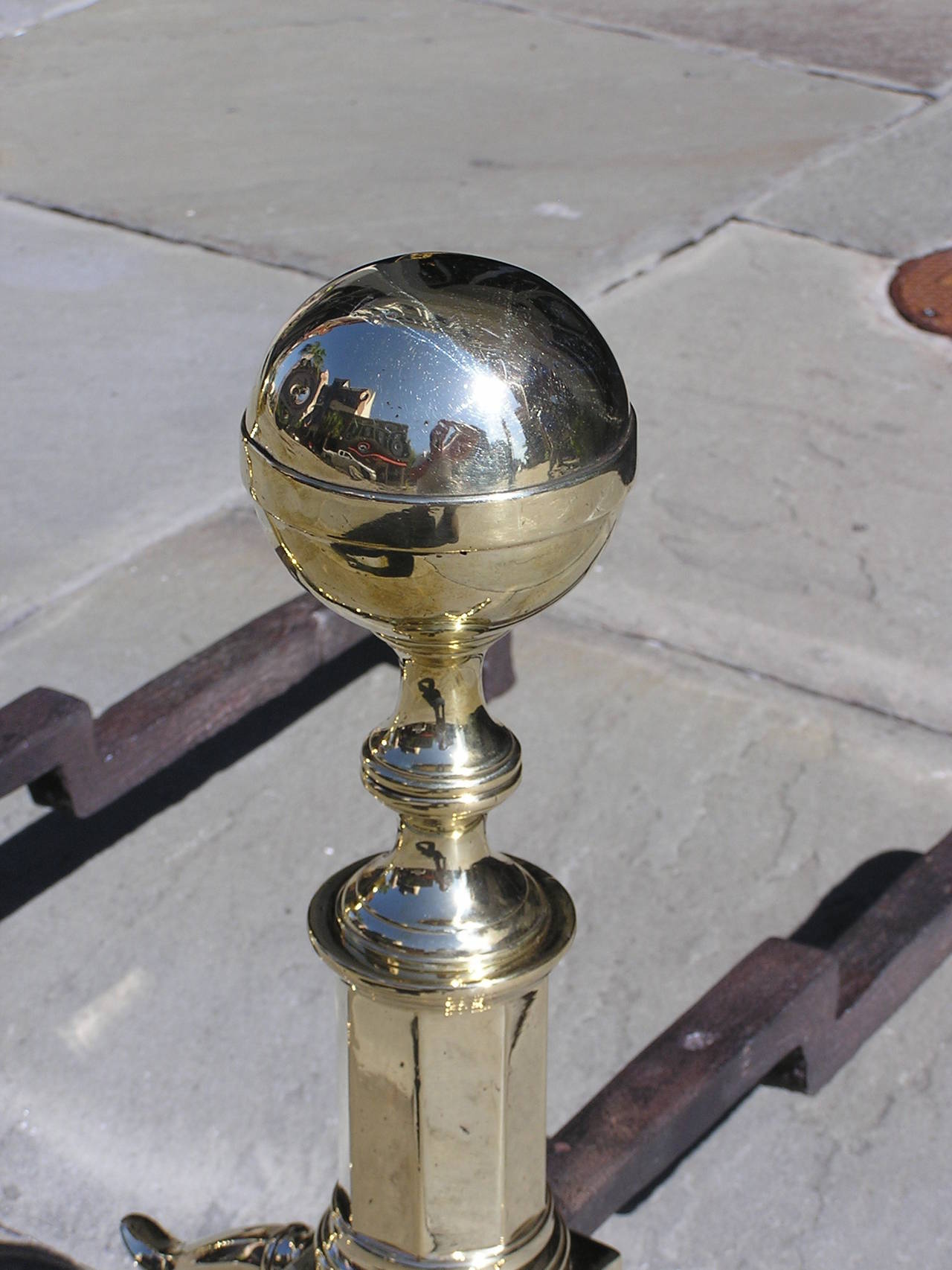 Early 19th Century Pair of American Brass Ball Top Andirons. Boston, Circa 1800 For Sale