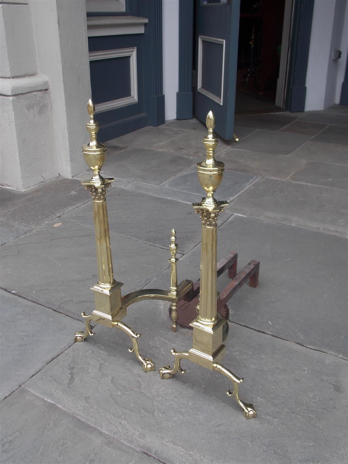 Pair of American Brass Finial Andirons. Philadelphia, Circa 1870 In Excellent Condition For Sale In Hollywood, SC