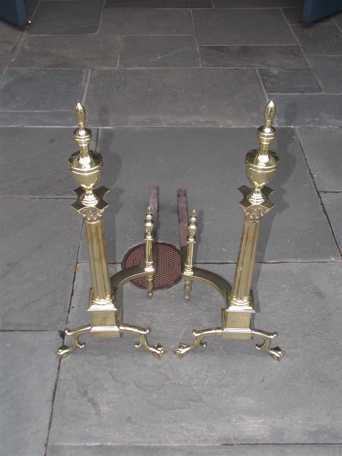 Late 19th Century Pair of American Brass Finial Andirons. Philadelphia, Circa 1870 For Sale