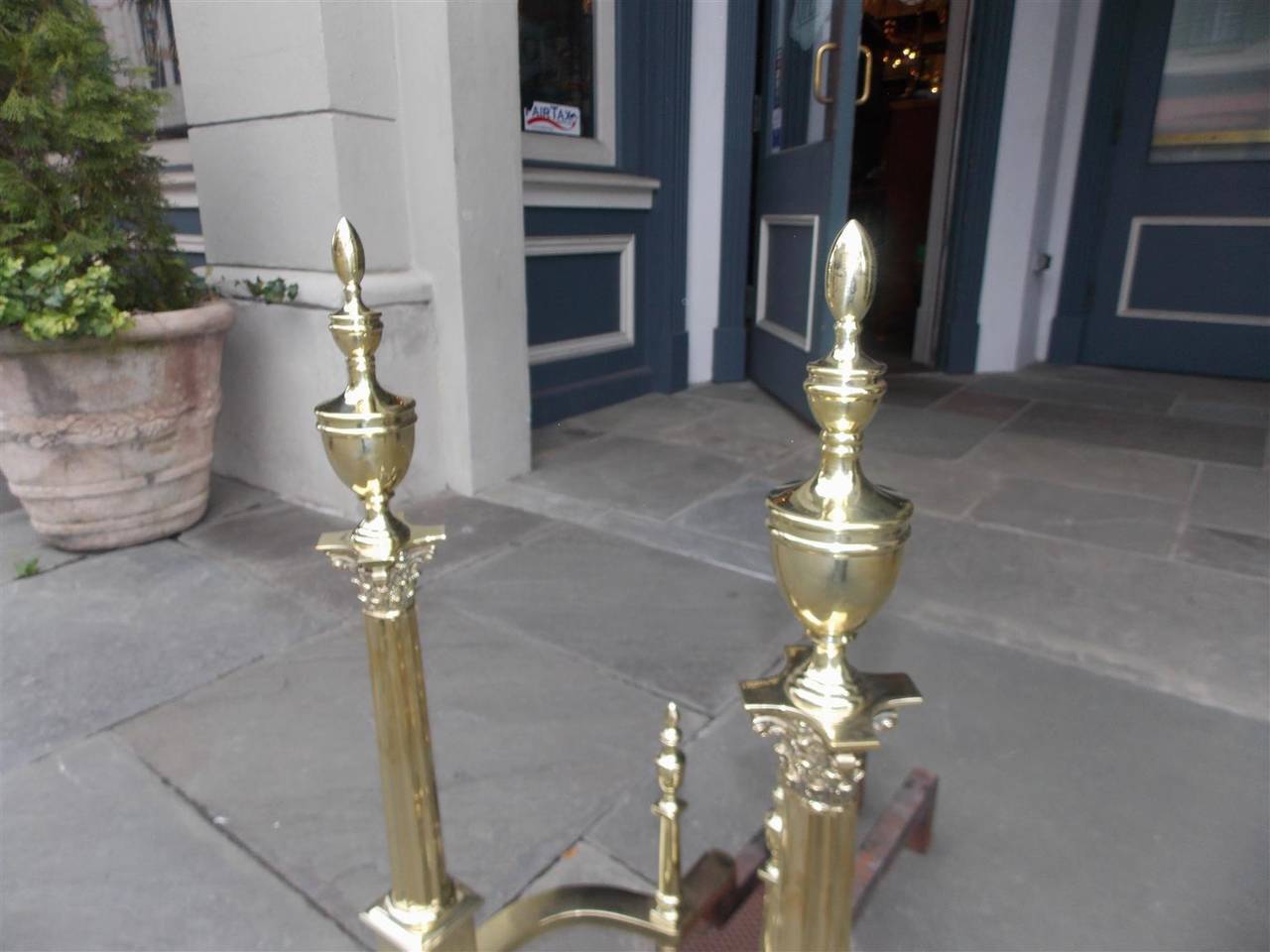 Pair of American Brass Finial Andirons. Philadelphia, Circa 1870 For Sale 3