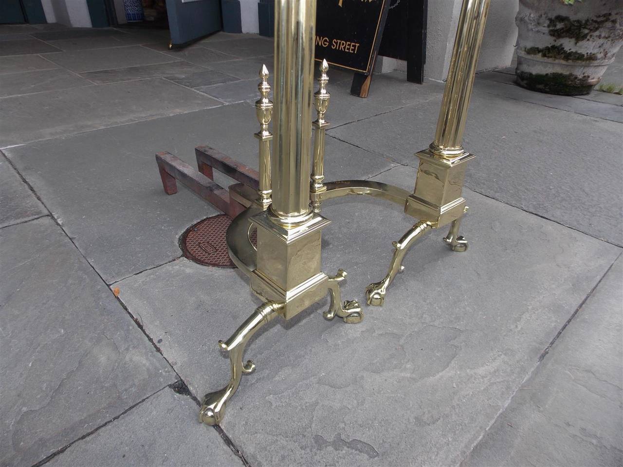 Pair of American Brass Finial Andirons. Philadelphia, Circa 1870 For Sale 4