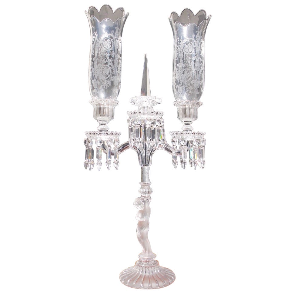 French Baccarat Cherub Candelabra with Original Hurricane Shades. Circa 1880