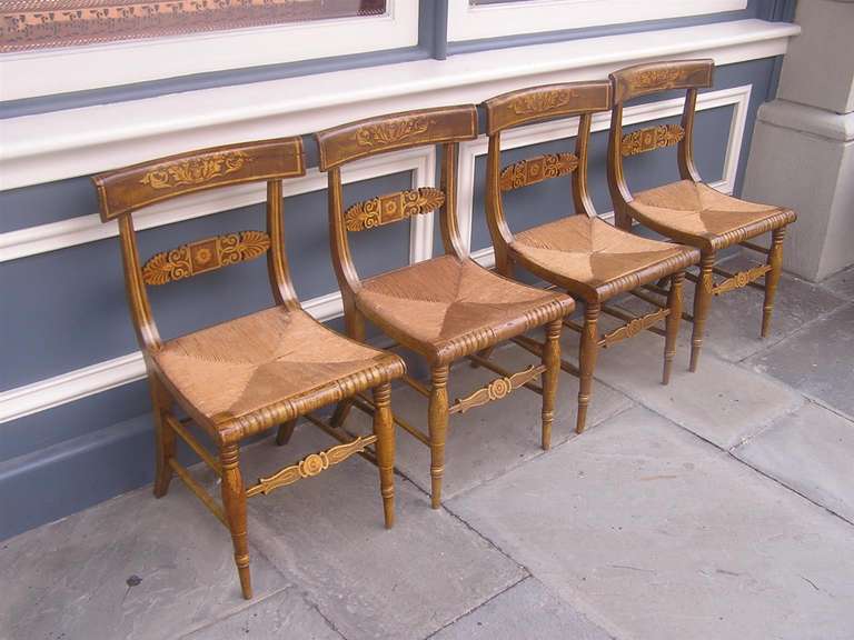 Primitive Set of Four American Fancy Chairs with Rush Seats, Circa 1815