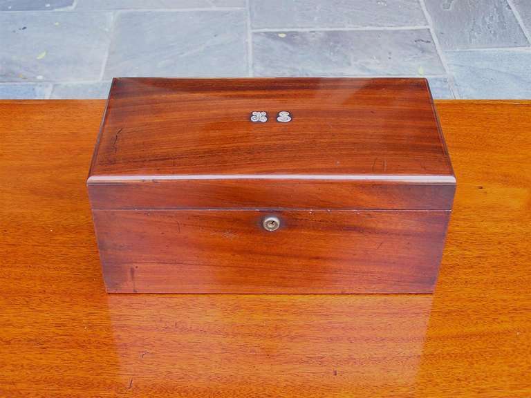 American mahogany tea caddy with original fitted nickel plated divided interior. Signed Tiffany New York . Late 19th Century