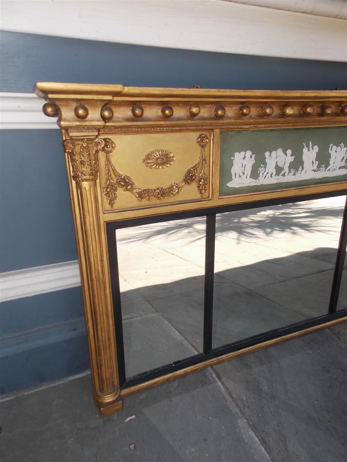 Early 19th Century English Gilt Carved Wood and Jasper Ware Over Mantel Mirror, Circa 1810 For Sale