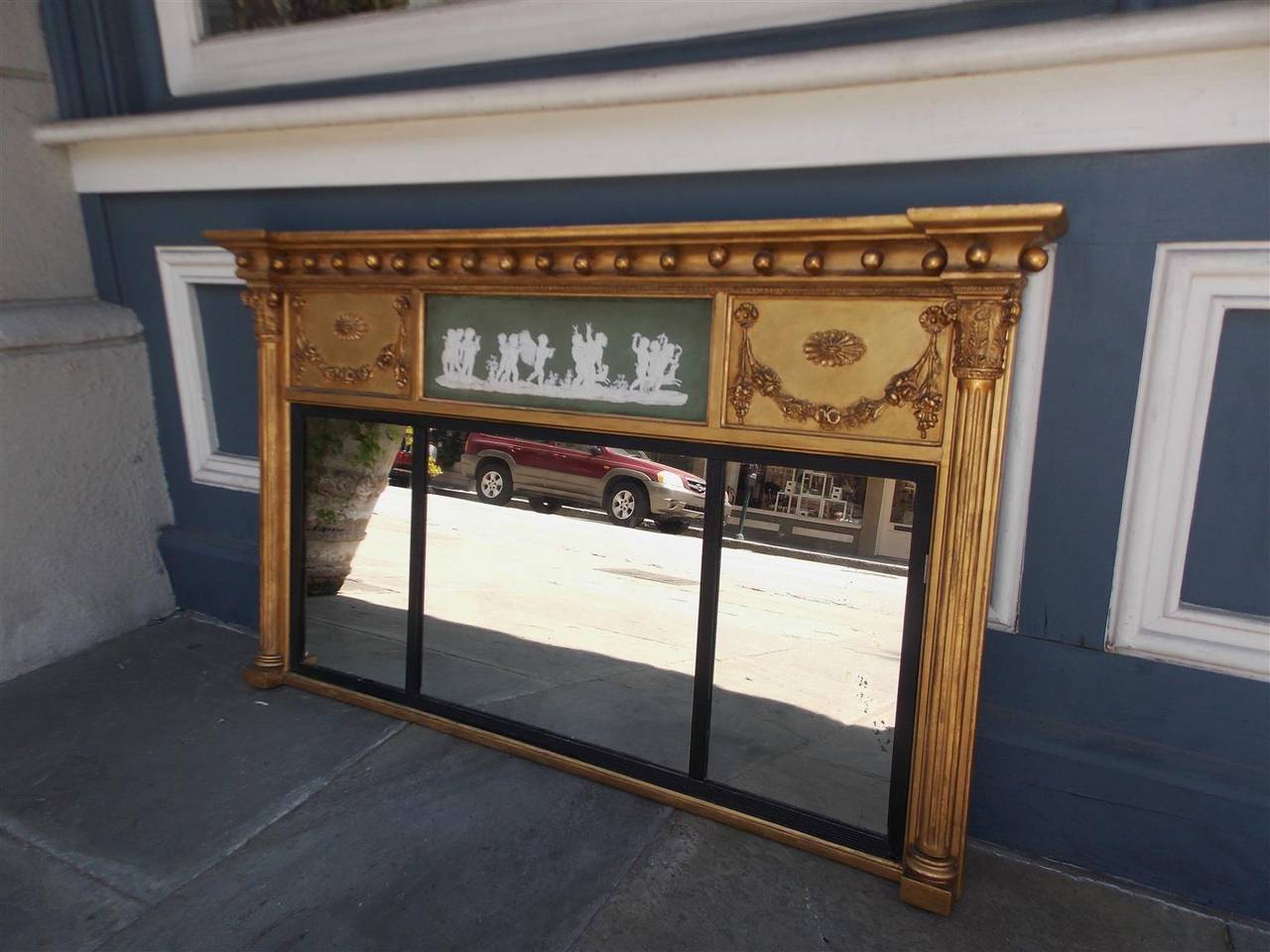 George III English Gilt Carved Wood and Jasper Ware Over Mantel Mirror, Circa 1810 For Sale