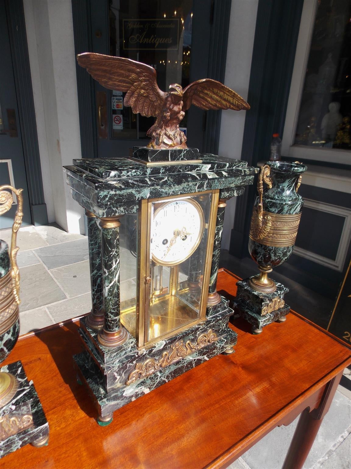 Louis Philippe French Marble and Gilt Bronze Three Piece Mantel Clock, Circa 1840 For Sale