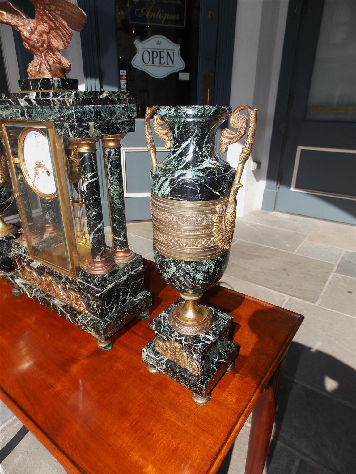 French Marble and Gilt Bronze Three Piece Mantel Clock, Circa 1840 For Sale 1