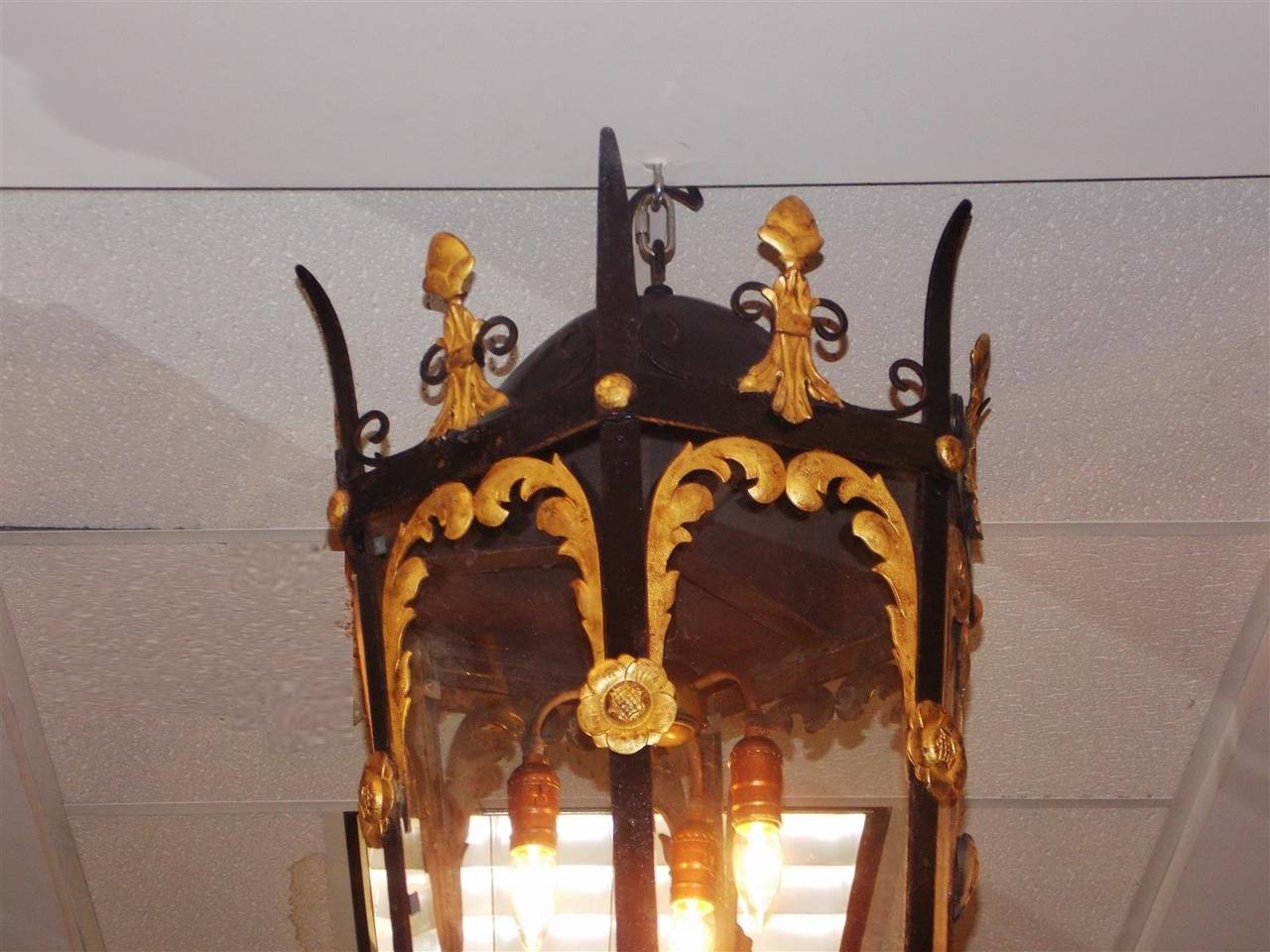 American Empire American Wrought Iron and Gilt Monumental Hanging Lantern, Circa 1830 For Sale