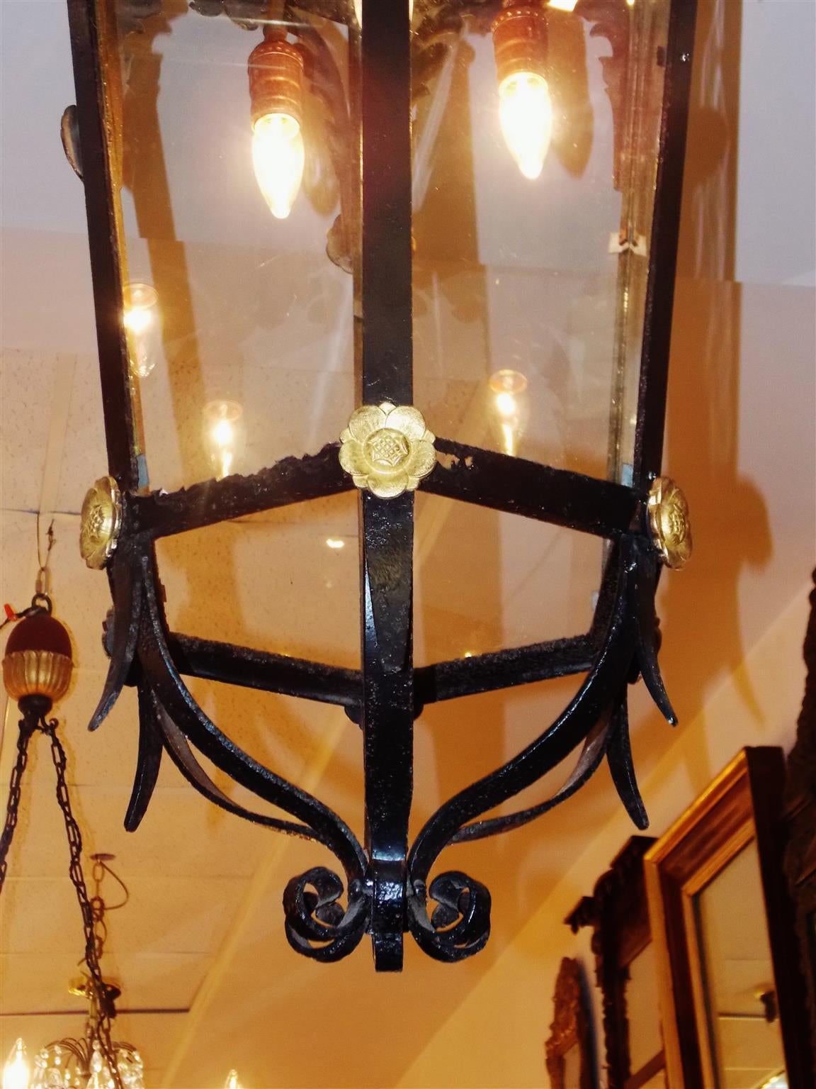 Mid-19th Century American Wrought Iron and Gilt Monumental Hanging Lantern, Circa 1830 For Sale
