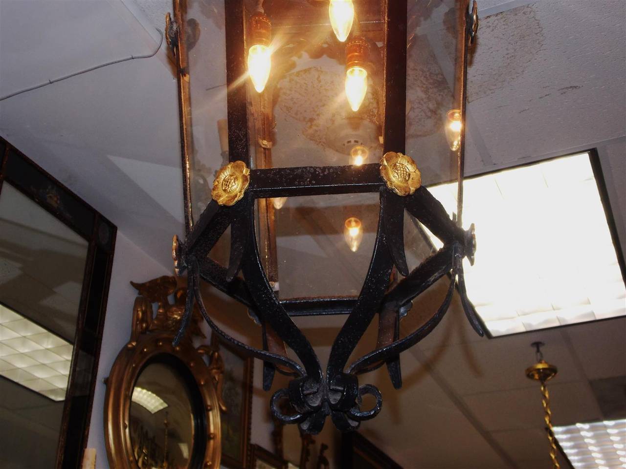 American Wrought Iron and Gilt Monumental Hanging Lantern, Circa 1830 In Excellent Condition For Sale In Hollywood, SC