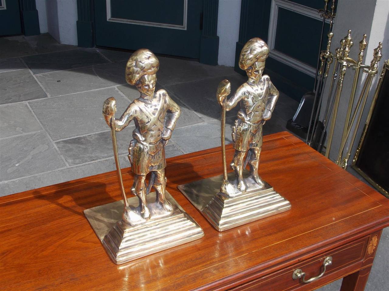 Early Victorian Pair of Brass Scottish Highlander Royalty Guards Bookends, Circa 1840