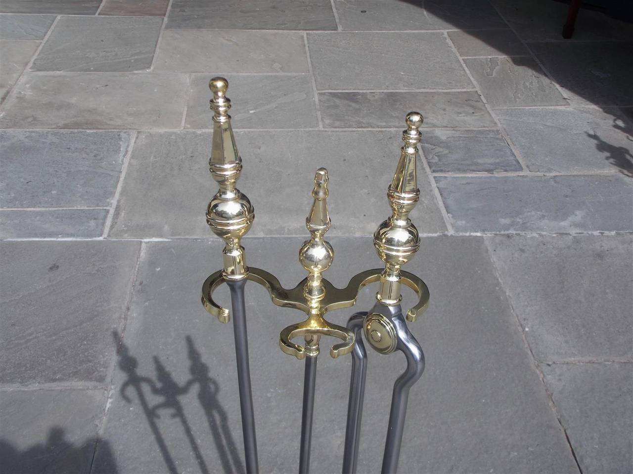 Set of American Brass Steeple Top Fire Tools on Stand, New York, Circa 1840 In Excellent Condition For Sale In Hollywood, SC