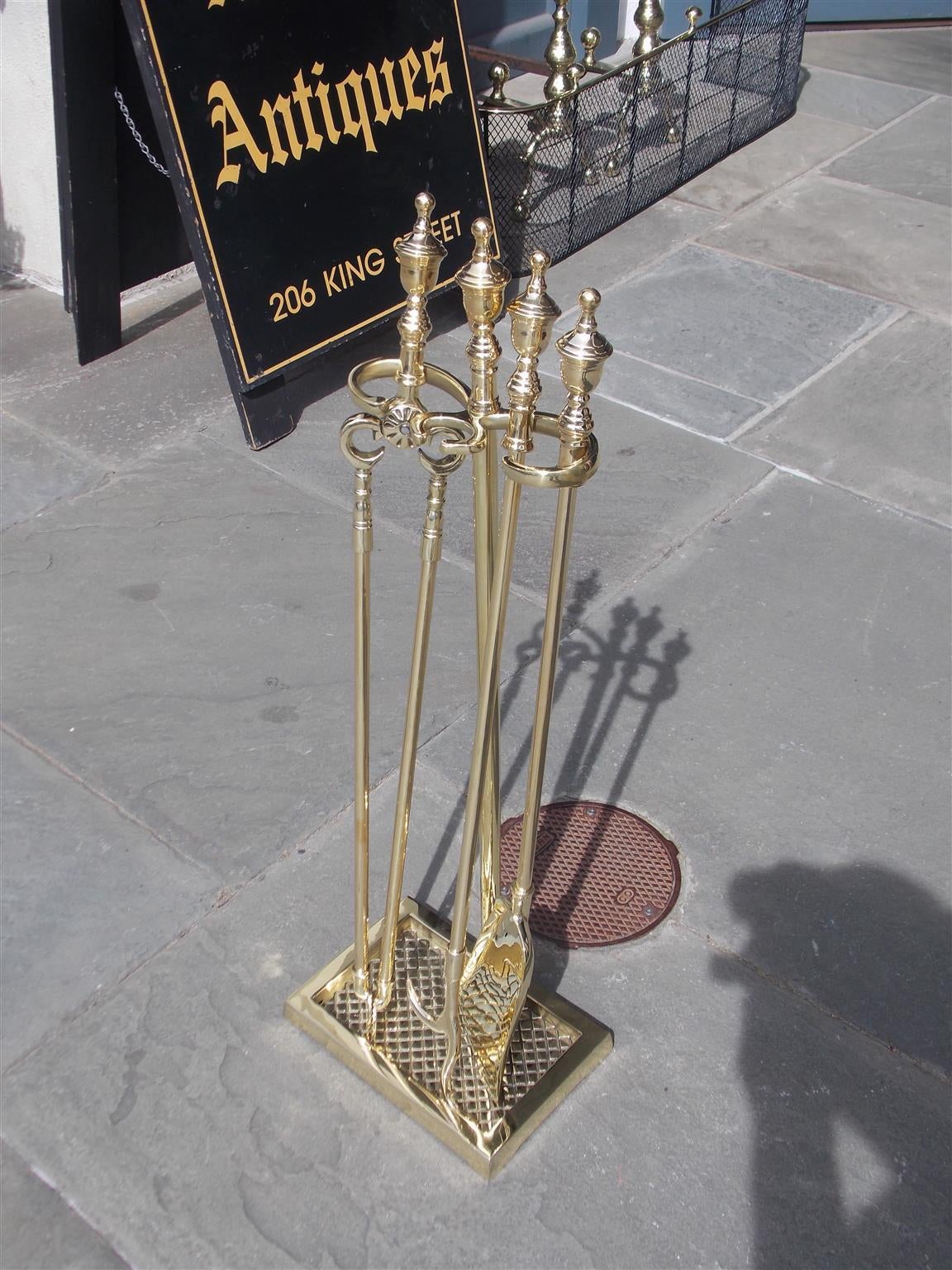 American Empire Set of American Brass Urn Finial Top Fire Tools on Stand, Circa 1870 For Sale