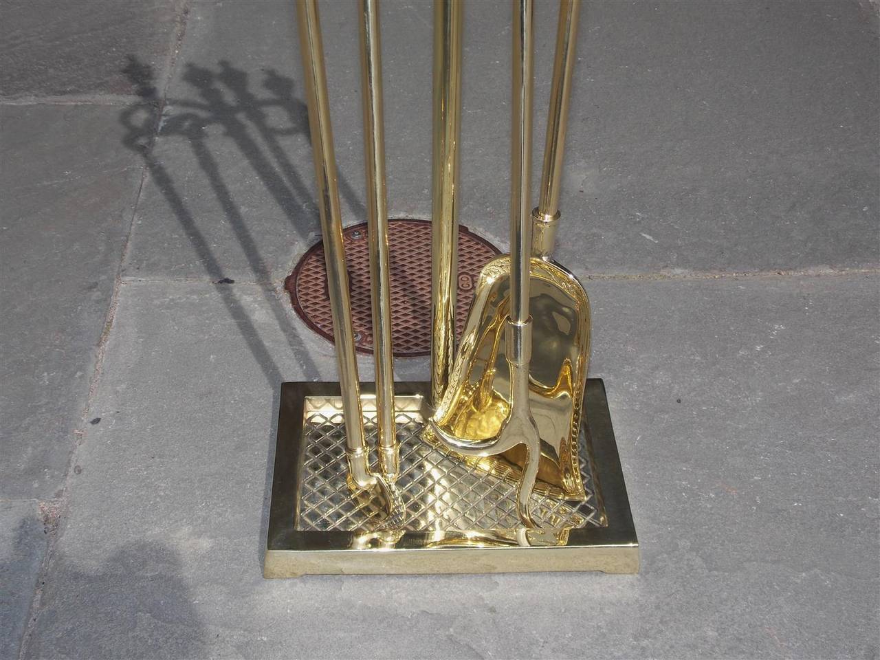 Late 19th Century Set of American Brass Urn Finial Top Fire Tools on Stand, Circa 1870 For Sale