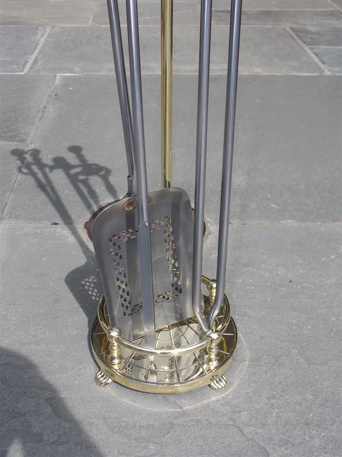 Set of American Brass and Steel Ball Top Fire Tools on Stand. Boston, Circa 1850 In Excellent Condition In Hollywood, SC