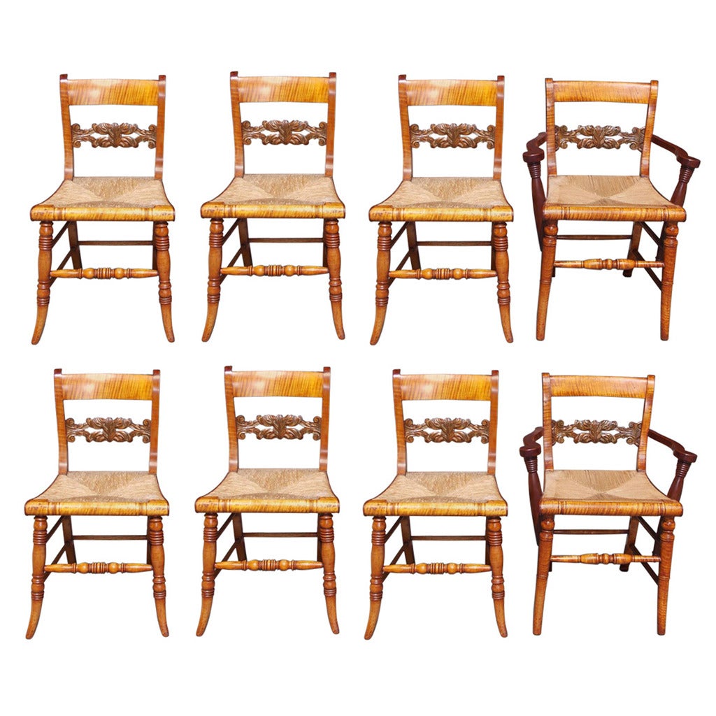 Set of Eight American Tiger Maple and Walnut Fancy Chairs.  Circa 1810 For Sale