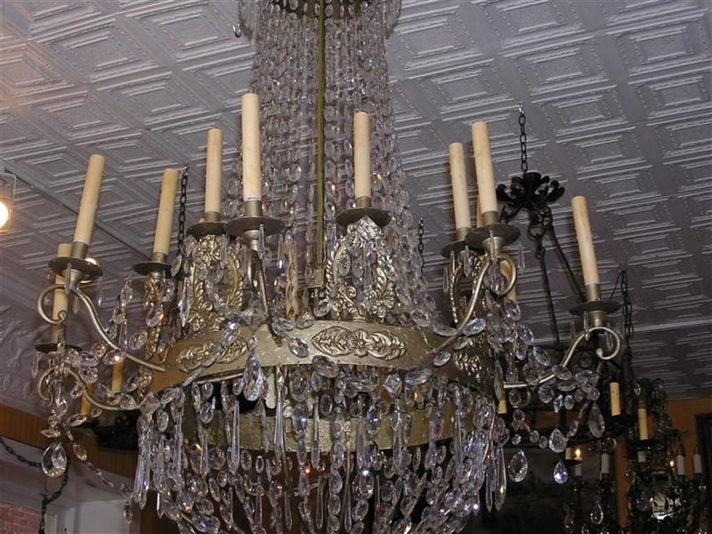 Early 19th Century Pair of Austrian Regency Gilt Bronze Foliage and Crystal Chandeliers, C. 1815 For Sale