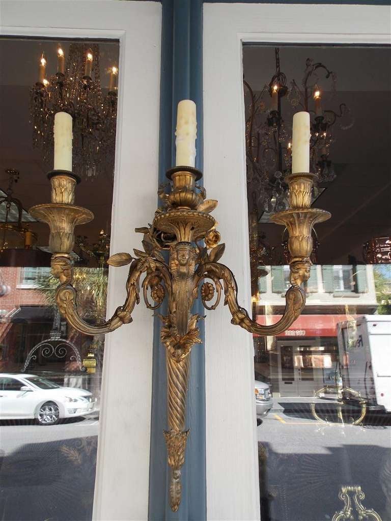 Pair of French Gilt Bronze Three Arm Sconces In Excellent Condition For Sale In Hollywood, SC