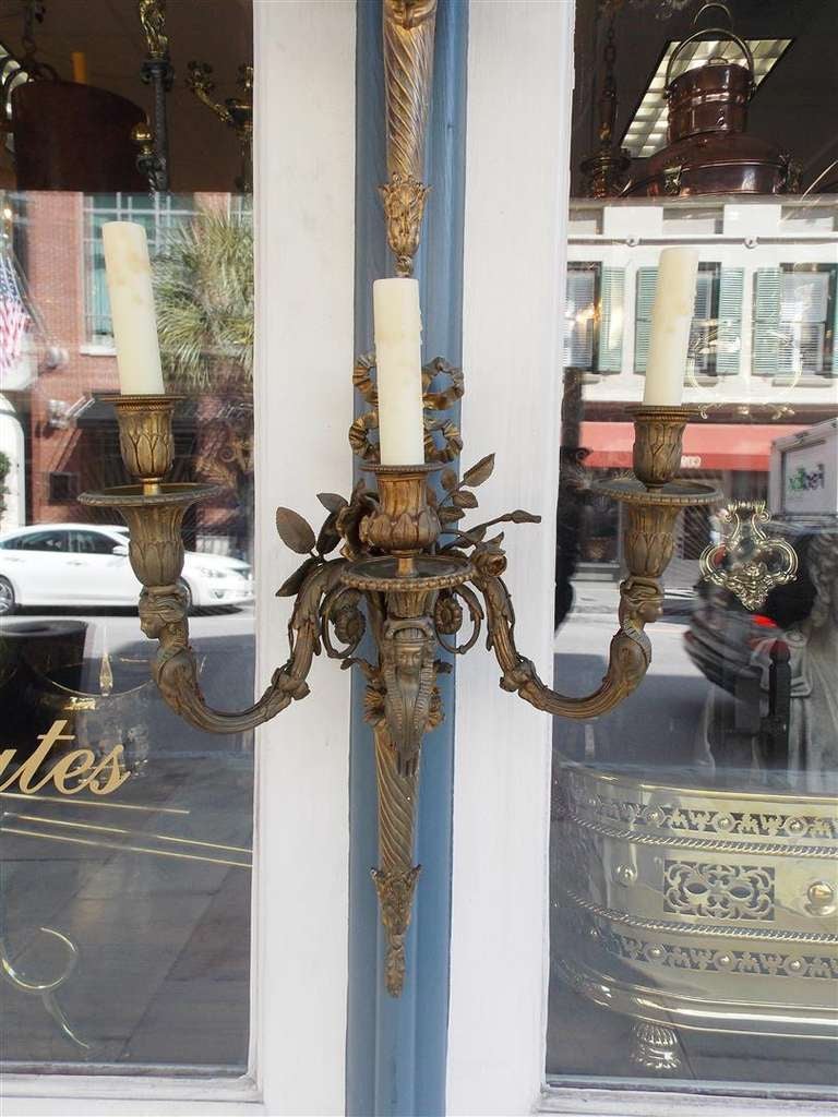 19th Century Pair of French Gilt Bronze Three Arm Sconces For Sale