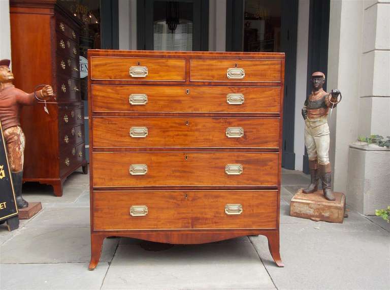 American Hepplewhite mahogany graduated six drawer chest of drawers with satinwood string inlay, and terminating on original splayed feet. Early 19th Century