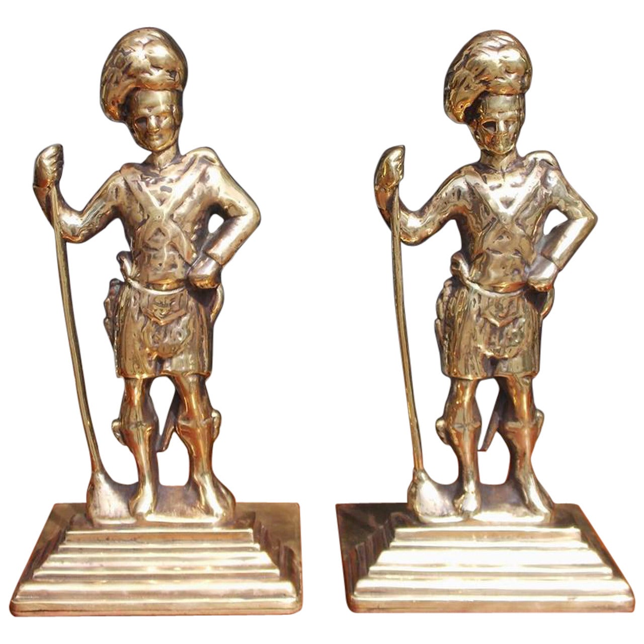 Pair of Brass Scottish Highlander Royalty Guards Bookends, Circa 1840