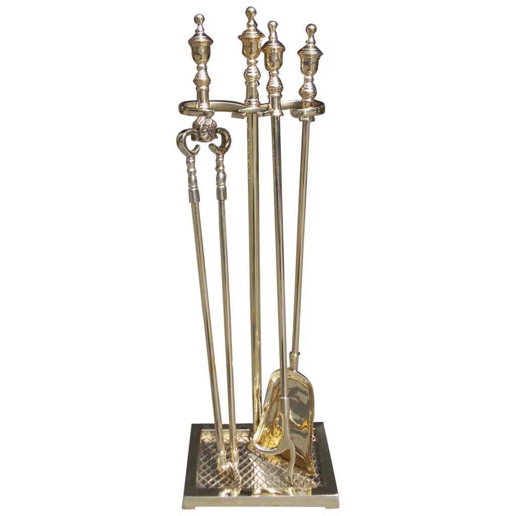 Set of American Brass Urn Finial Top Fire Tools on Stand, Circa 1870 For Sale