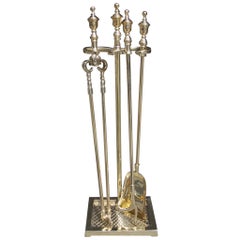 Antique Set of American Brass Urn Finial Top Fire Tools on Stand, Circa 1870