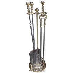 Set of American Brass and Steel Ball Top Fire Tools on Stand. Boston, Circa 1850