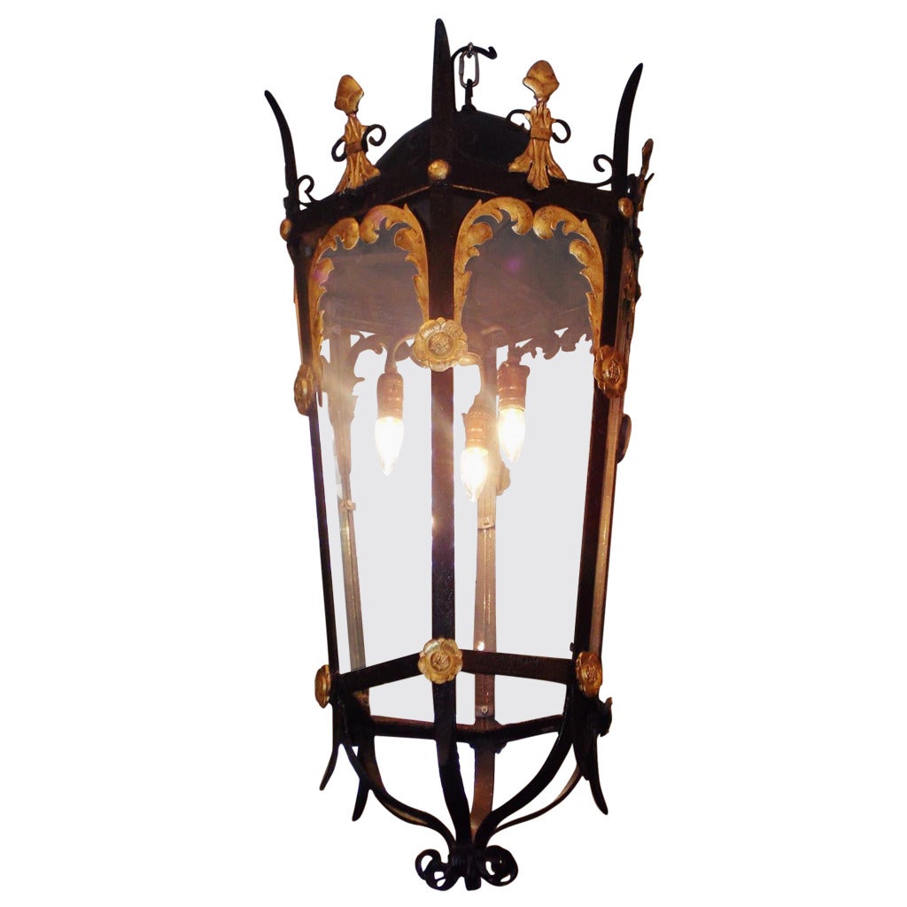 American Wrought Iron and Gilt Monumental Hanging Lantern, Circa 1830 For Sale