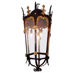 Antique American Wrought Iron and Gilt Monumental Hanging Lantern, Circa 1830