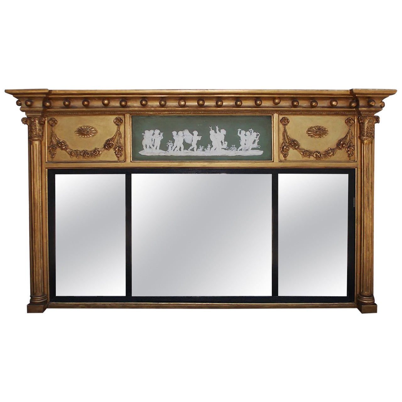English Gilt Carved Wood and Jasper Ware Over Mantel Mirror, Circa 1810 For Sale