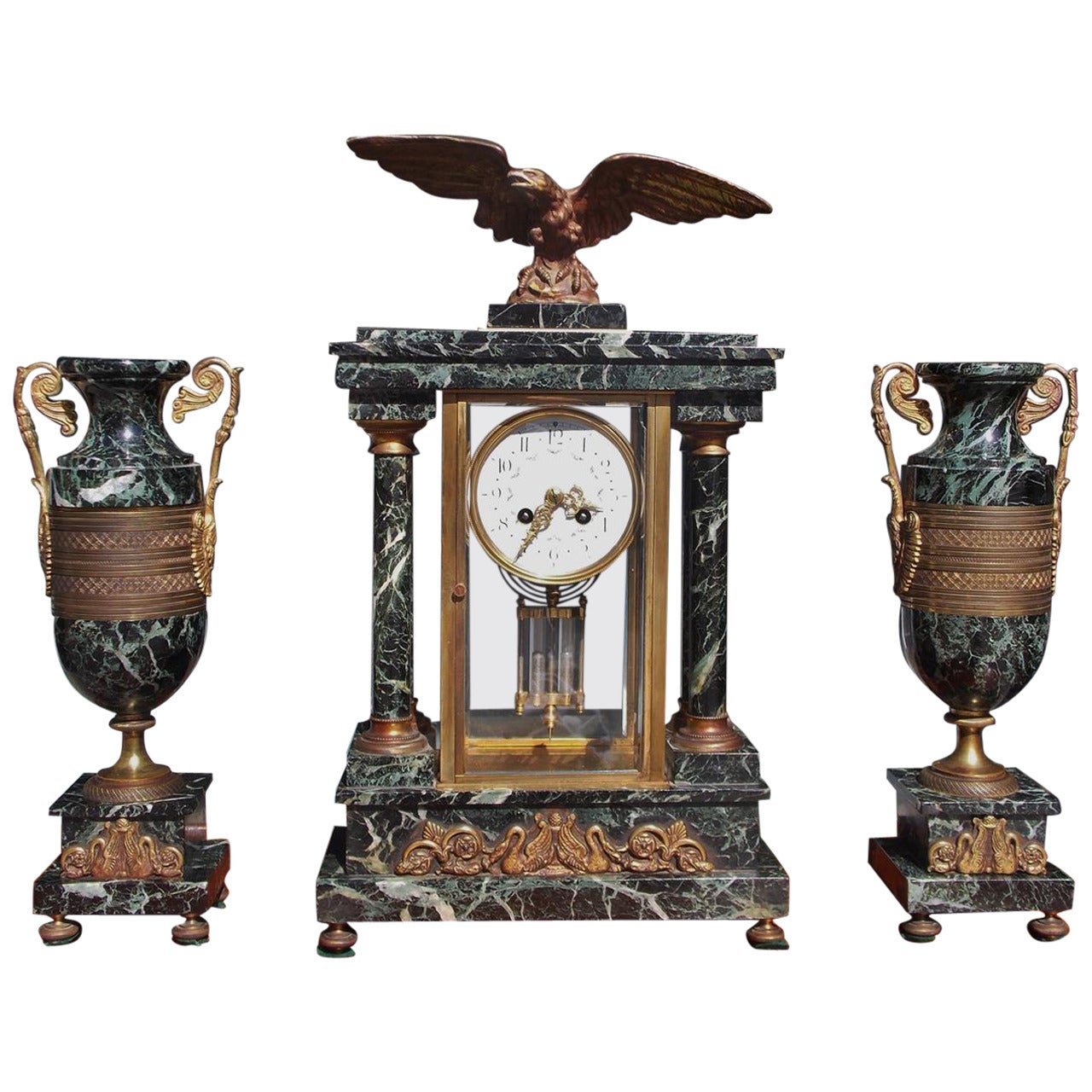 French Marble and Gilt Bronze Three Piece Mantel Clock, Circa 1840 For Sale