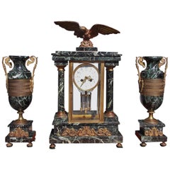 French Marble and Gilt Bronze Three Piece Mantel Clock, Circa 1840