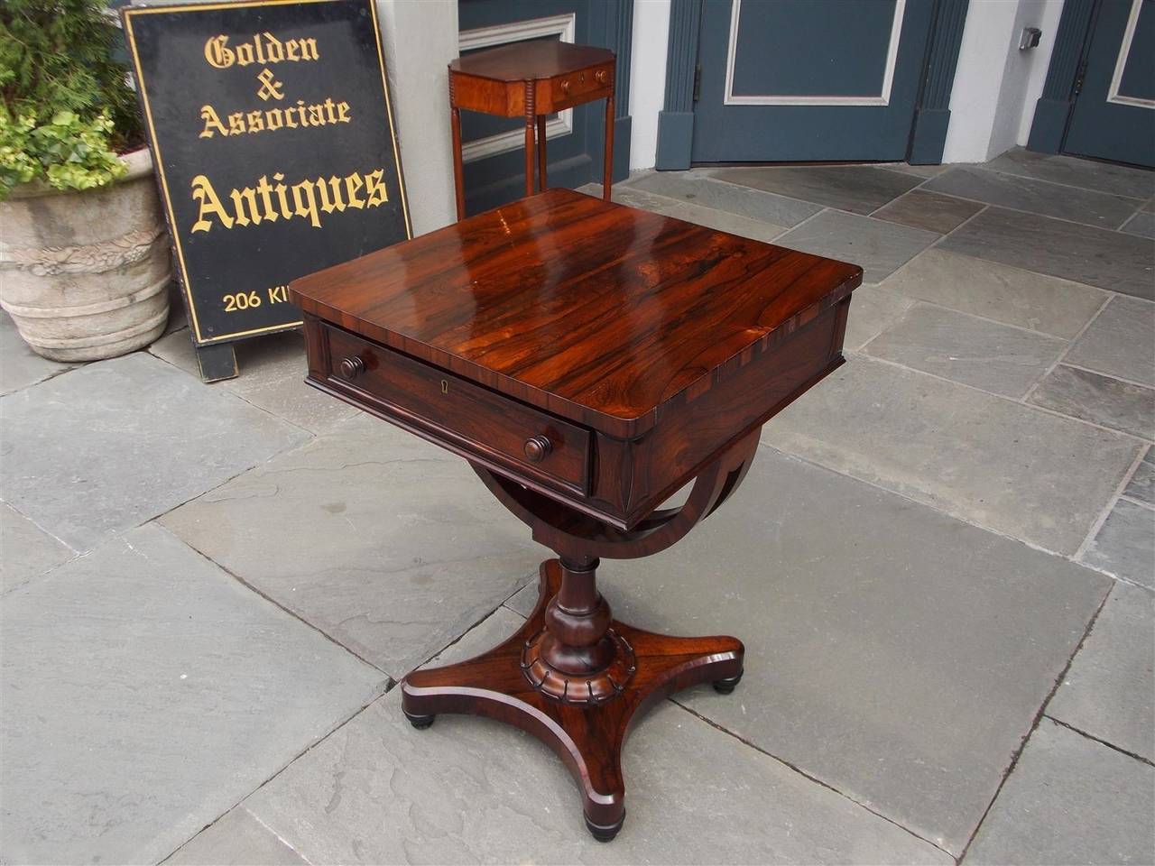 George IV English Classical Zebra Wood Pedestal Table with Interior Desk. Circa 1830