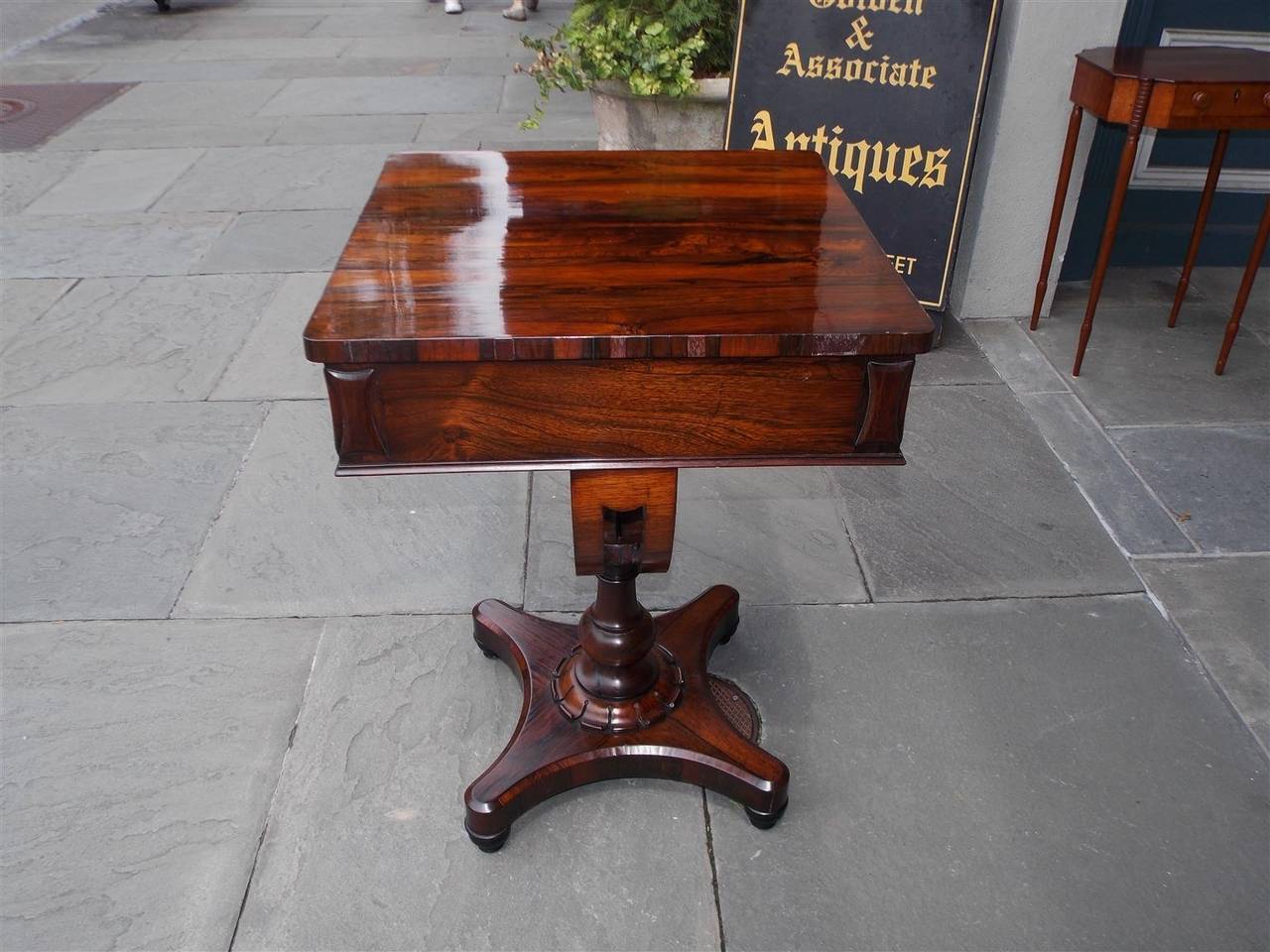 English Classical Zebra Wood Pedestal Table with Interior Desk. Circa 1830 1